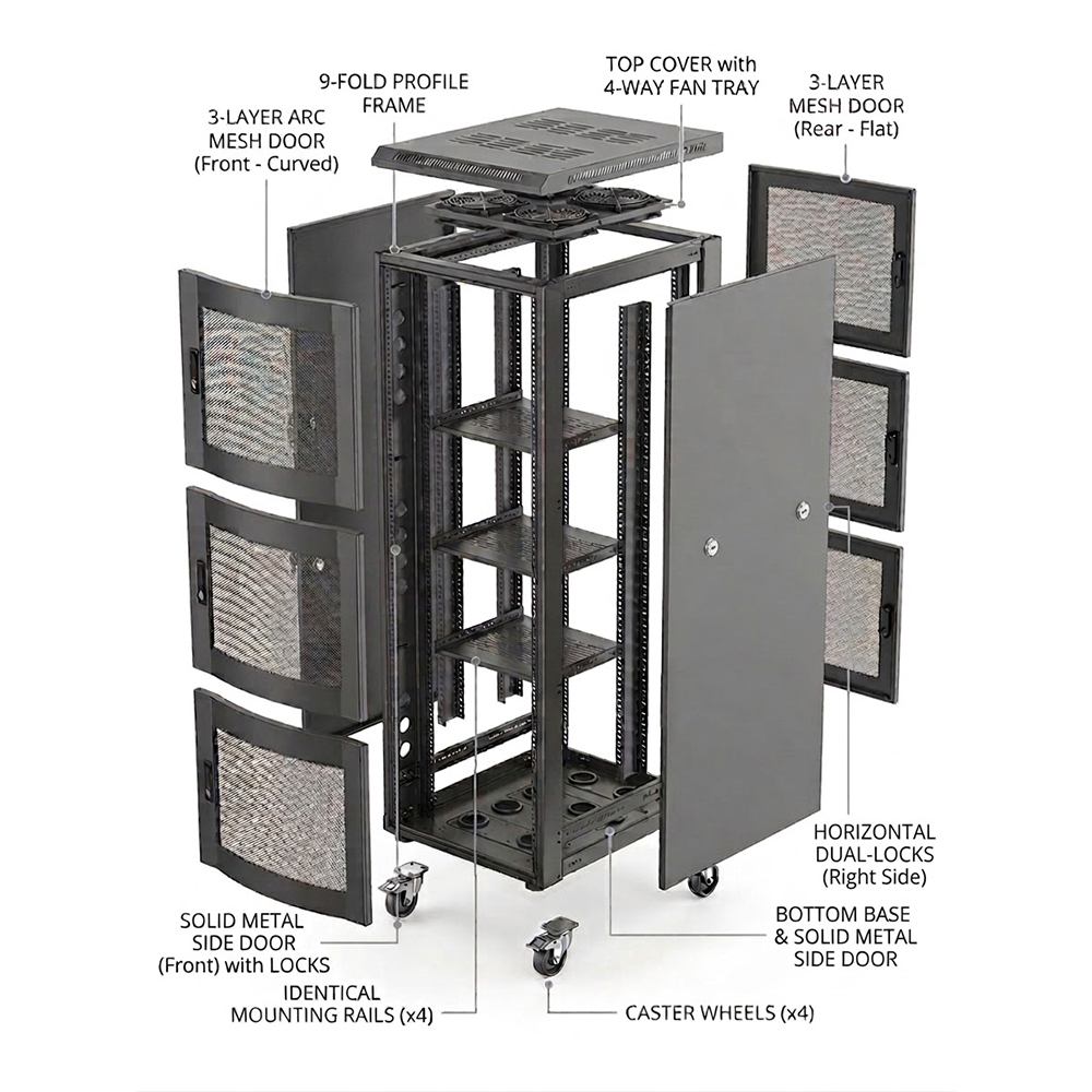 Gabinete de rack de servidor 42U com 3 compartimentos 800x1000 | Gabinete de rede resistente de perfil de 9 dobras com portas de malha ARC 