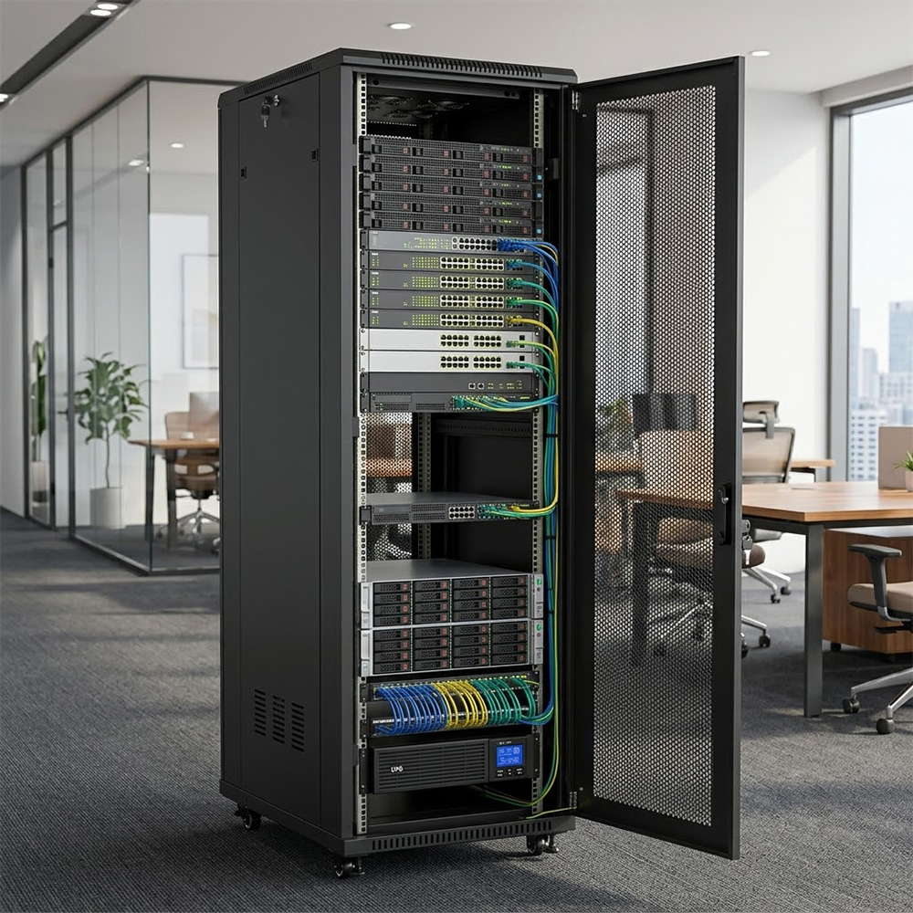 rack de servidor totalmente carregado com switches