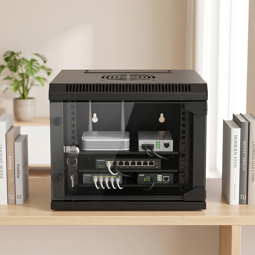 Gabinete de rede para montagem em parede de 10 polegadas - gabinete de rack de mini servidor SOHO compacto com porta de vidro temperado e painéis laterais removíveis (RAL9005 preto)