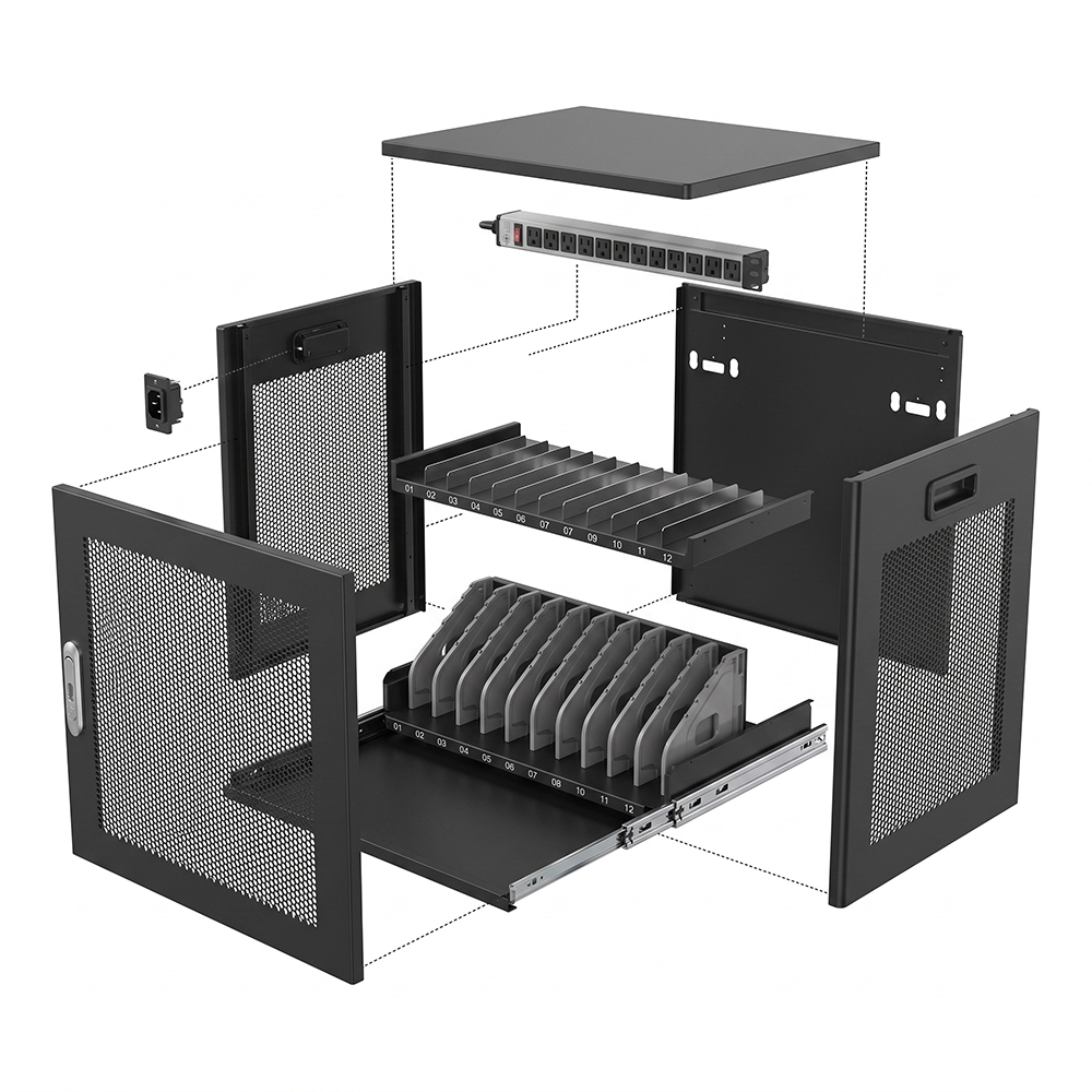 Gabinete de carregamento de 12 dispositivos tamanho mini para laptop e Chromebook 110/220 V CA | WebiT WB-CC-XS