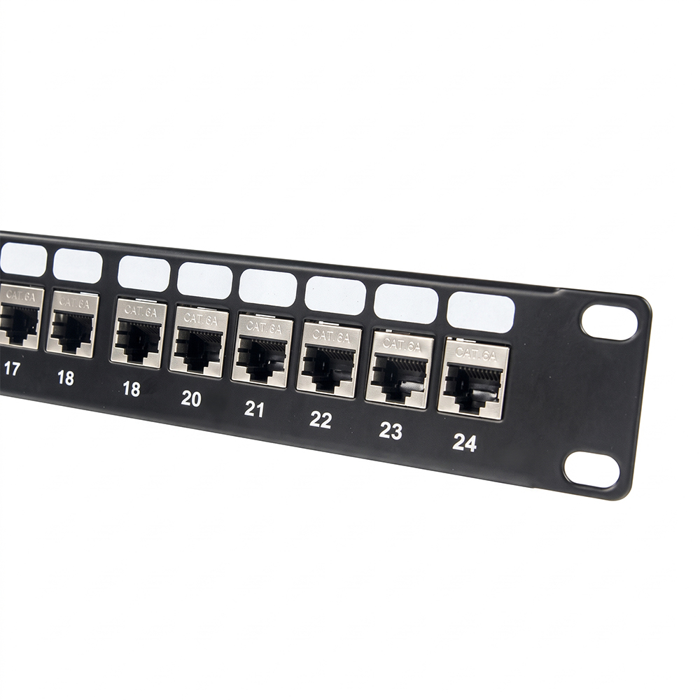 Painel de patch de alimentação STP Cat6A 1U de 24 portas | Painel de acoplador em linha RJ45 blindado de 19' - WebiT