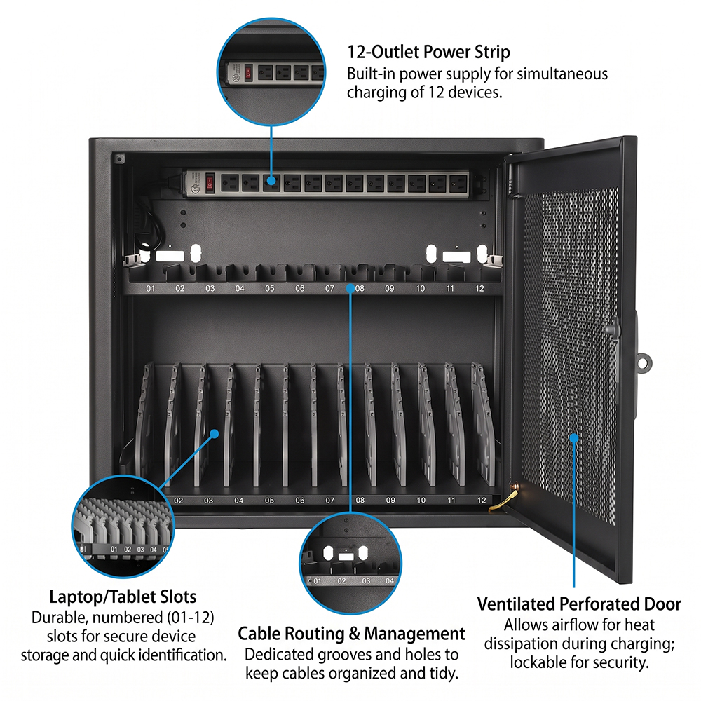 Gabinete de carregamento de 12 dispositivos tamanho mini para laptop e Chromebook 110/220 V CA | WebiT WB-CC-XS