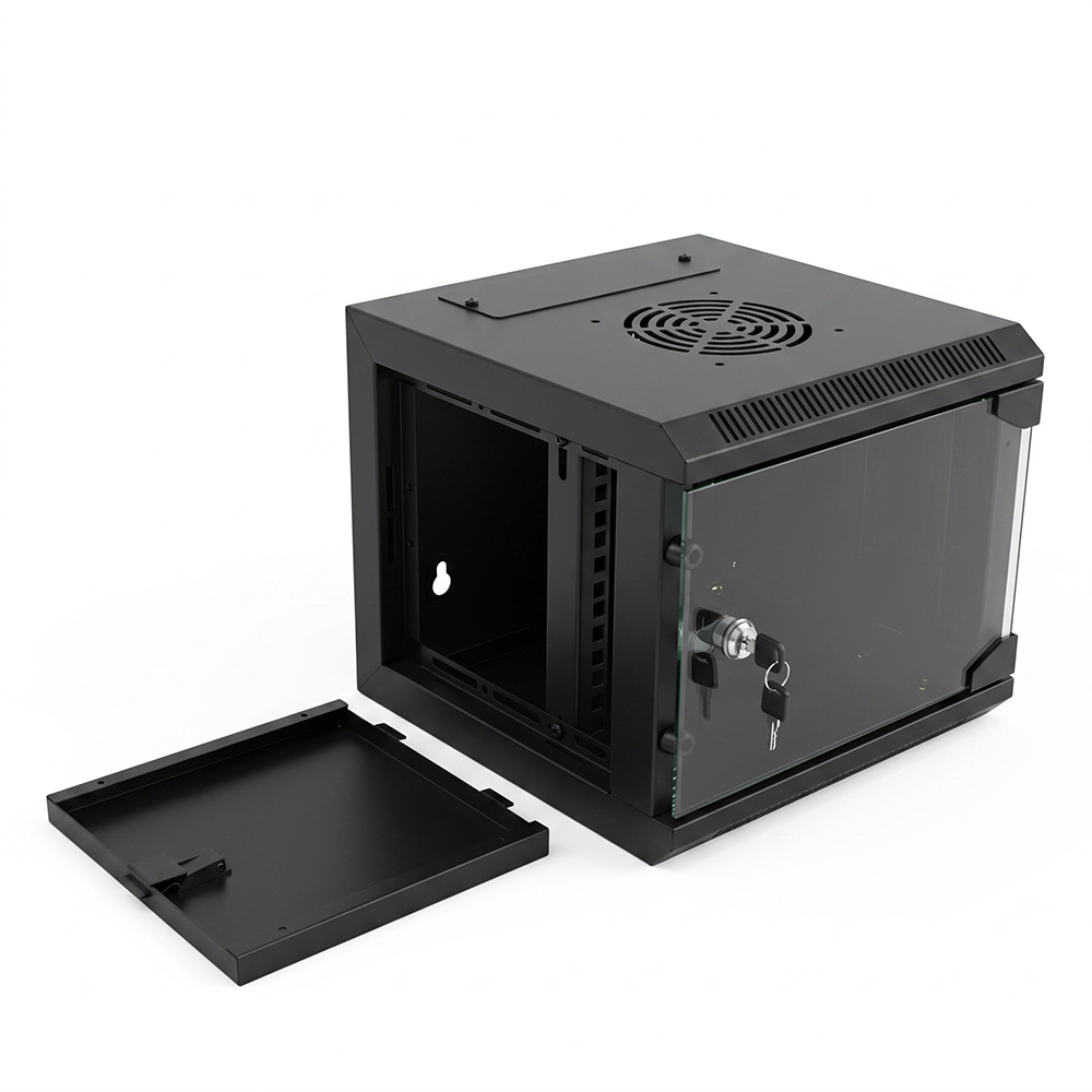 Gabinete de rede para montagem em parede de 10 polegadas - gabinete de rack de mini servidor SOHO compacto com porta de vidro temperado e painéis laterais removíveis (RAL9005 preto)
